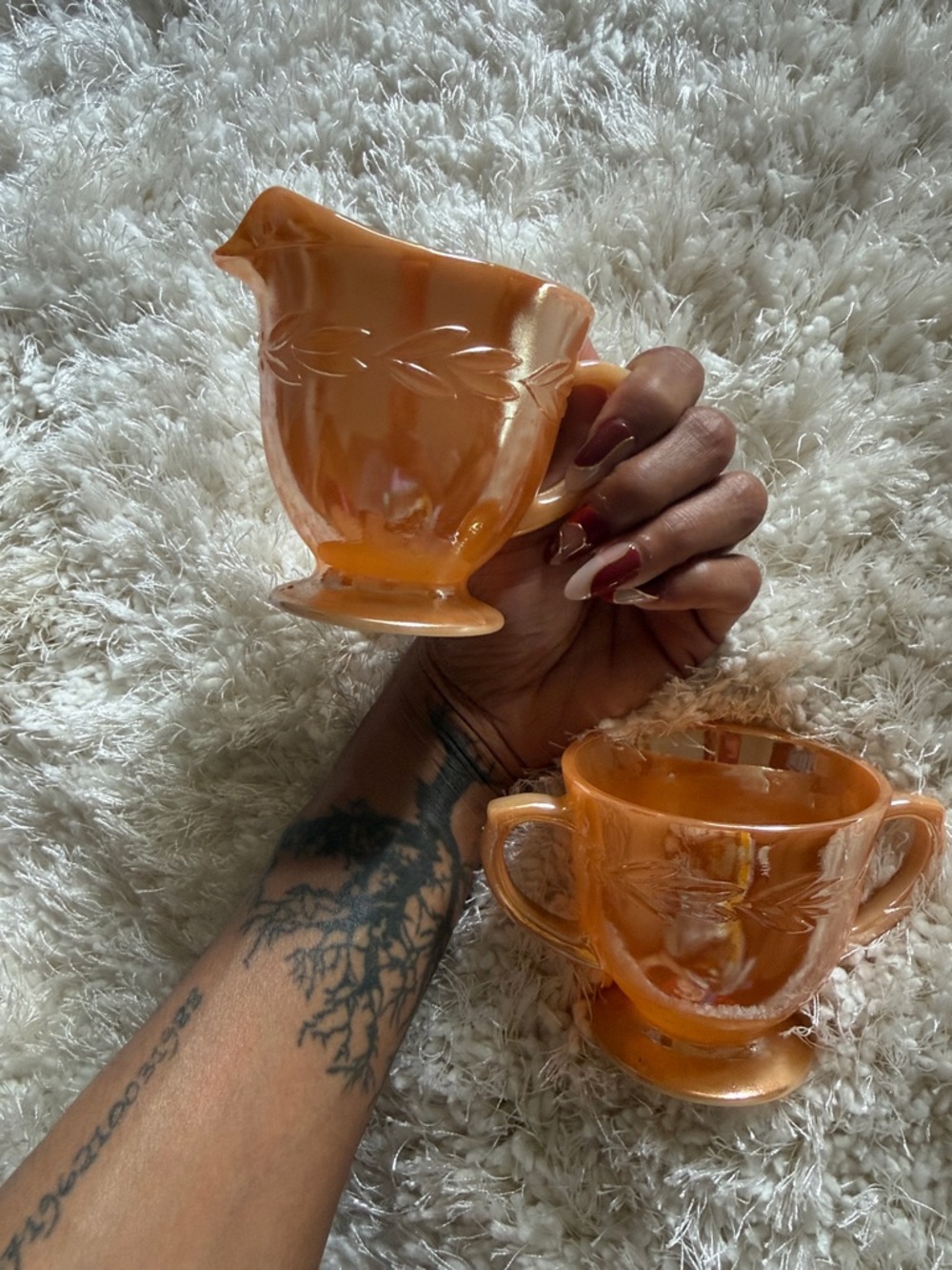 Vintage Fire-King Peach Luster Cream & Sugar Set Iridescent Milk Glass - Picture 3 of 7